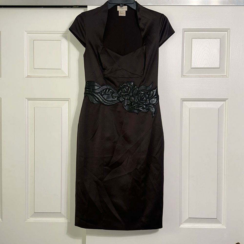 KAREN MILLEN ENGLAND Black Satin Dress w/ Faux Leather Floral Embellishment